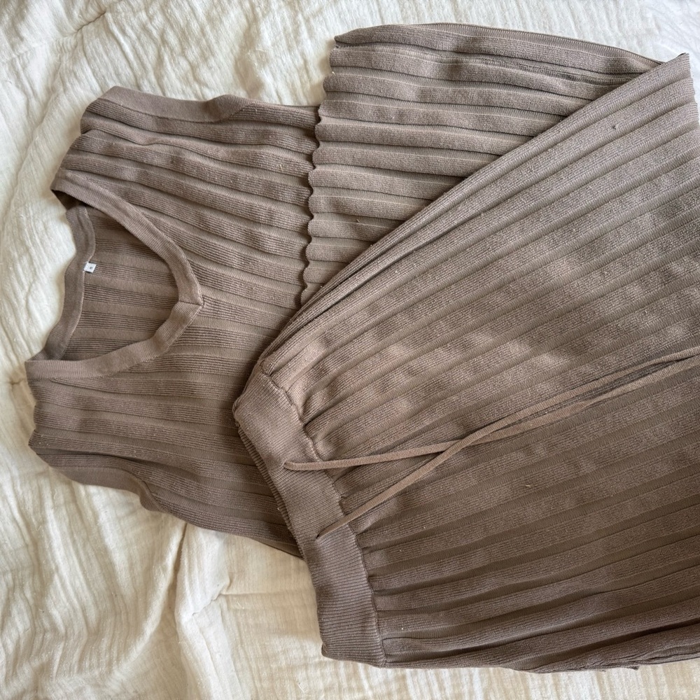Taupe Ribbed Knit Sweater and Skirt Set